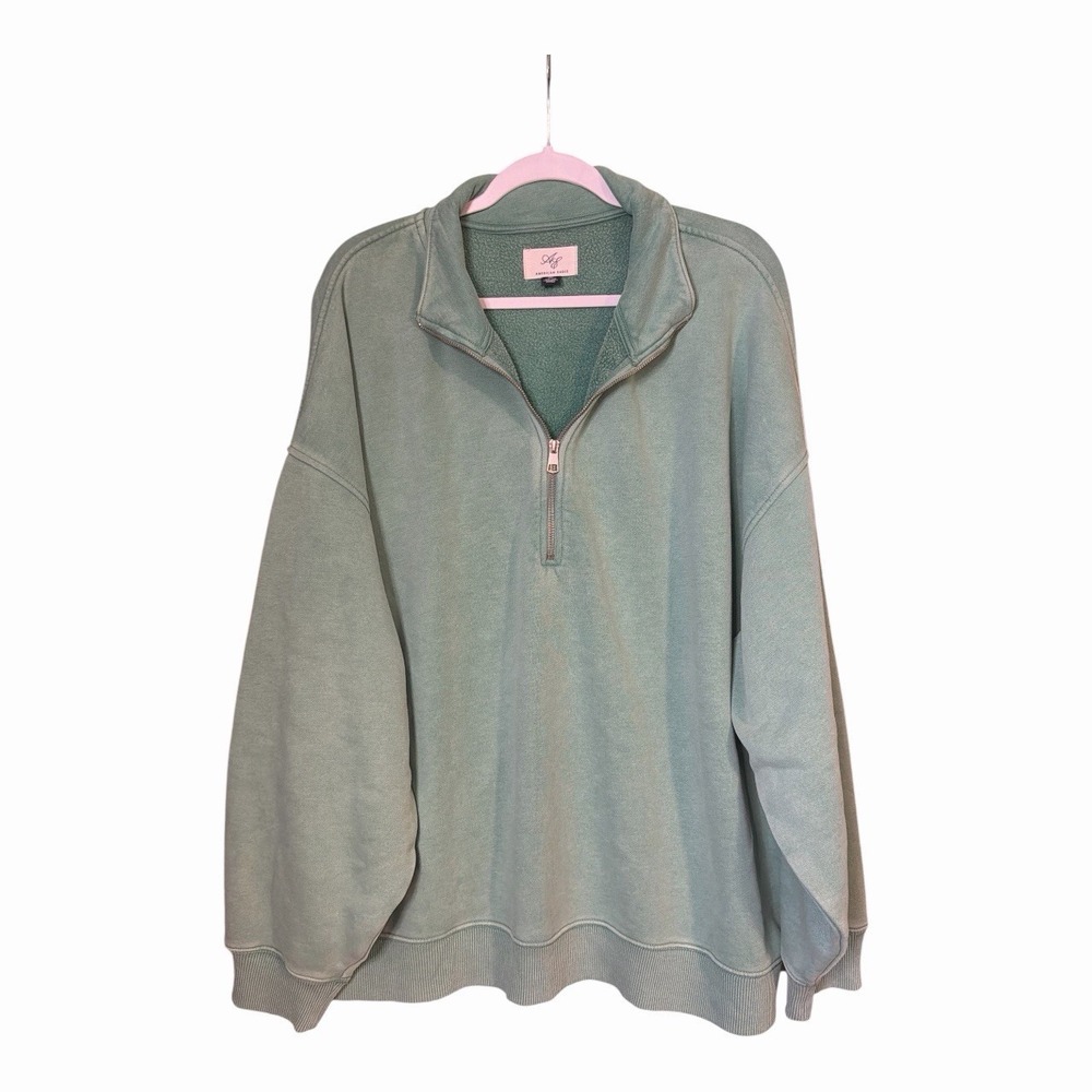 American Eagle XXL Sage Green Oversized Quarter Zip Fleece Sweatshirt